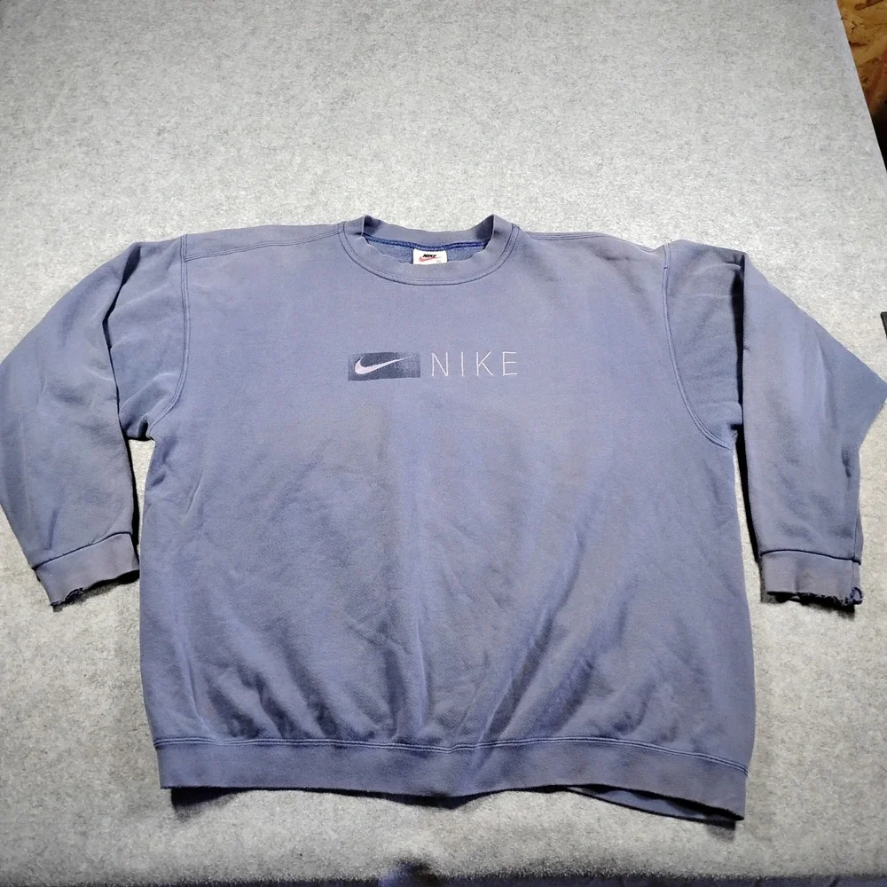 Vintage Nike Swoosh Crewneck Sweatshirt XL Blue Made‎ in USA 90s Distressed